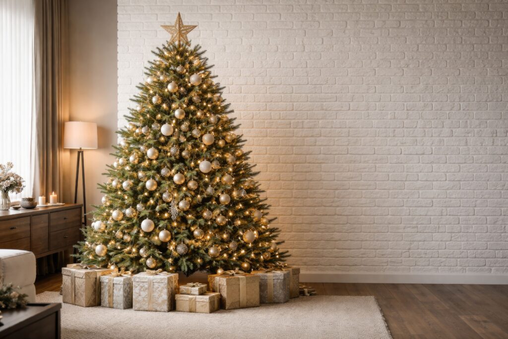 温かみのある光のイルミネーションとオーナメントで飾られたクリスマスツリーと、その下に置かれたゴールドのプレゼントボックス